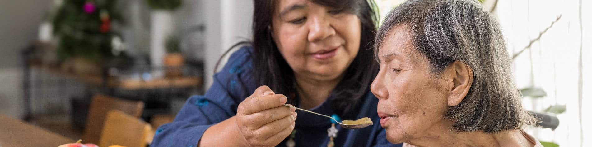 Caregiver Woman Feeding an Elderly Client with a Spoon